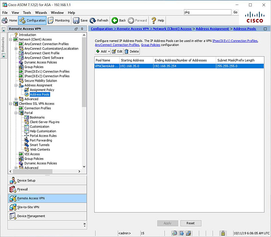 Screenshot of the Add VPN Client Address Pool page